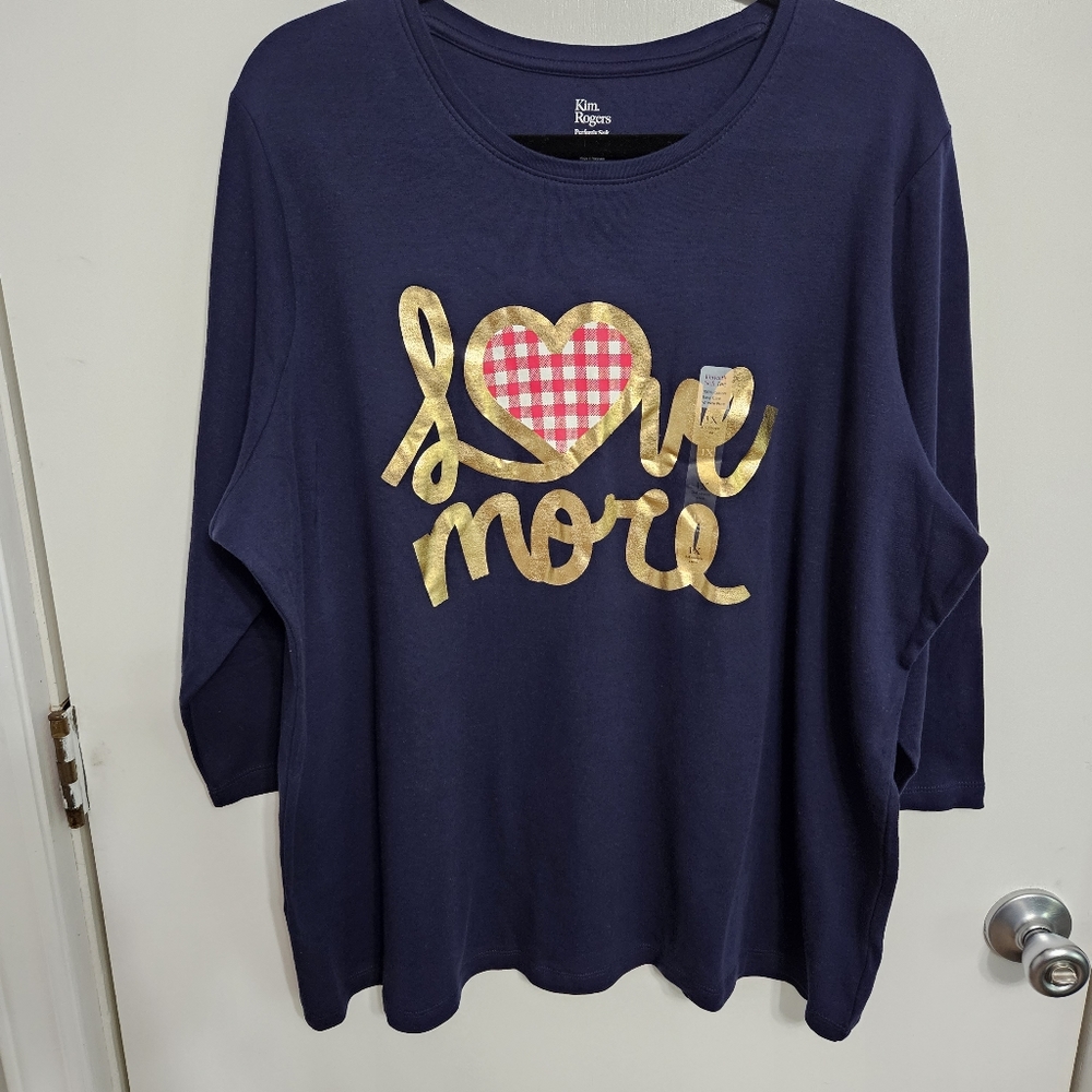 NWT Kim Rogers Womens 1X Love More 3/4 Sleeve Cotton Top Spring Summer Fall